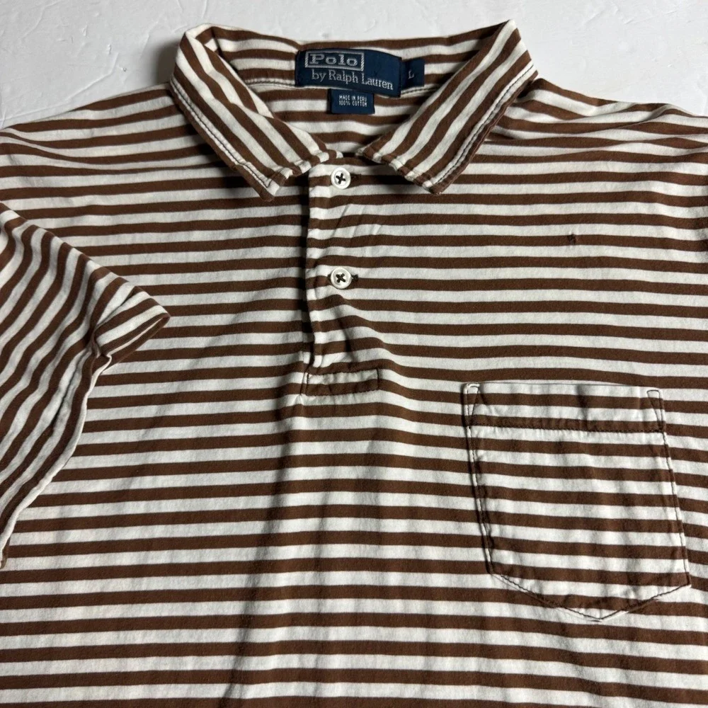 Polo Ralph Lauren Mens Large Brown White Striped Cotton Pocket Polo Shirt L